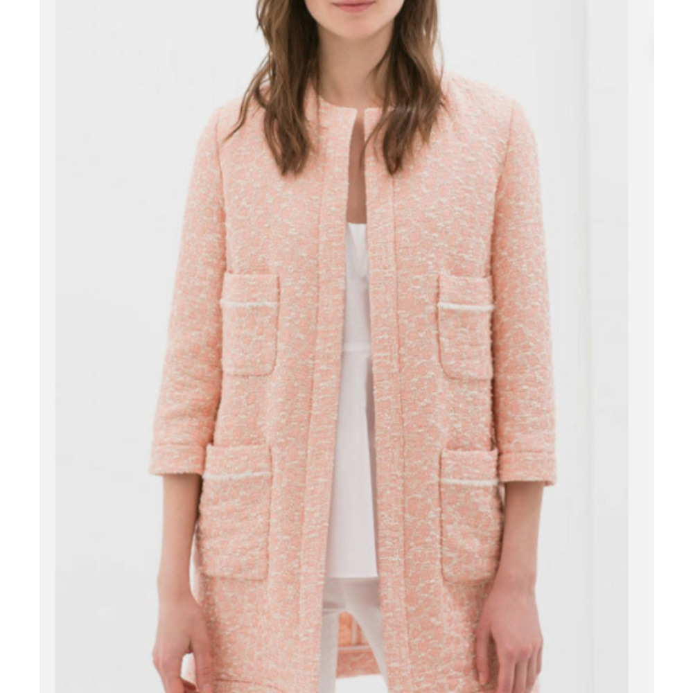 ZARA Jacquard Coat Large Womens Pockets Pink Open Front